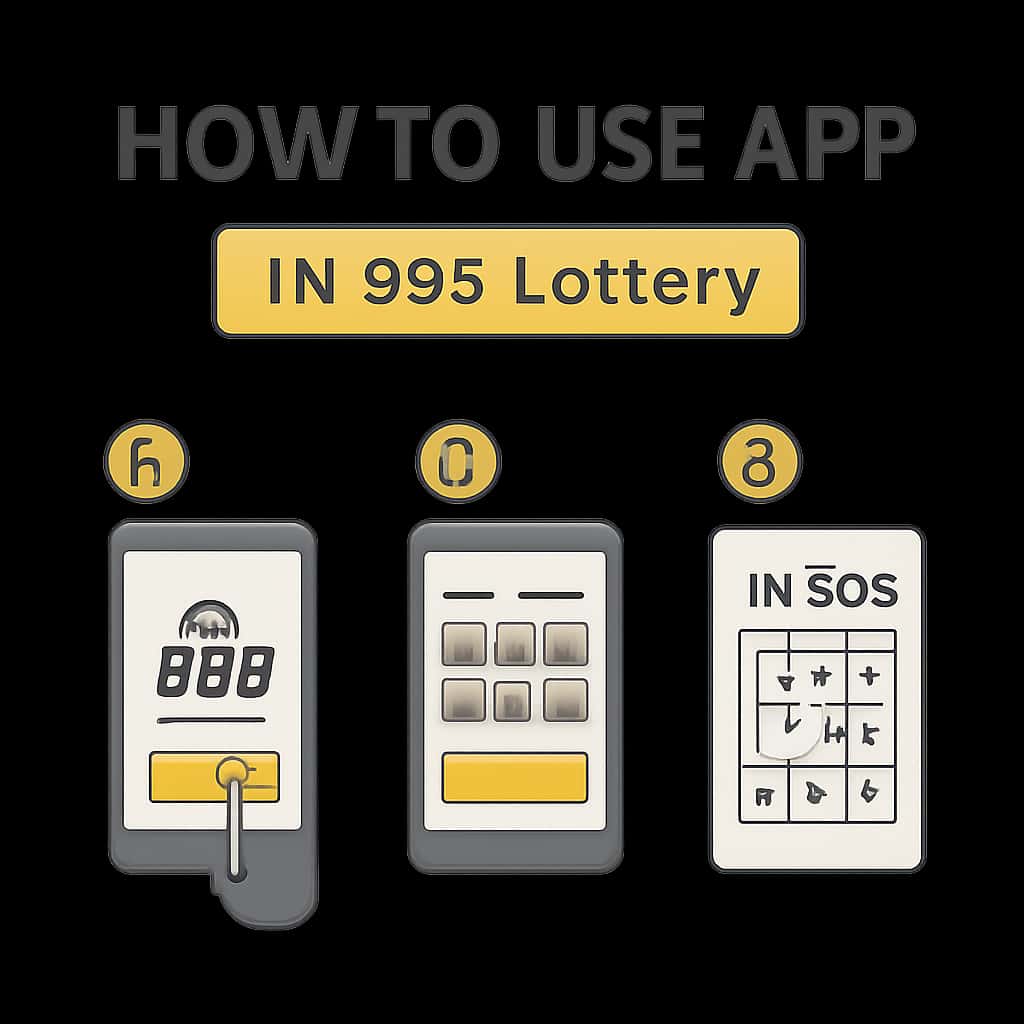 An informative diagram detailing the user steps for the IN 999 Lottery app.